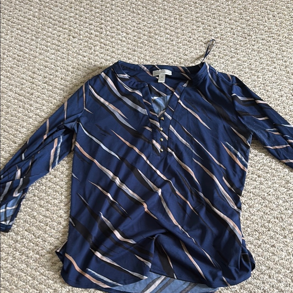 Dana Buchman Blue Relaxed Blouse with Mandarin Collar